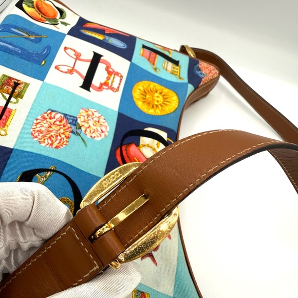 Gucci Alphabet Patchwork Blue Multi Canvas Crossbody with Brown Leather Trim - Picture 11 of 14
